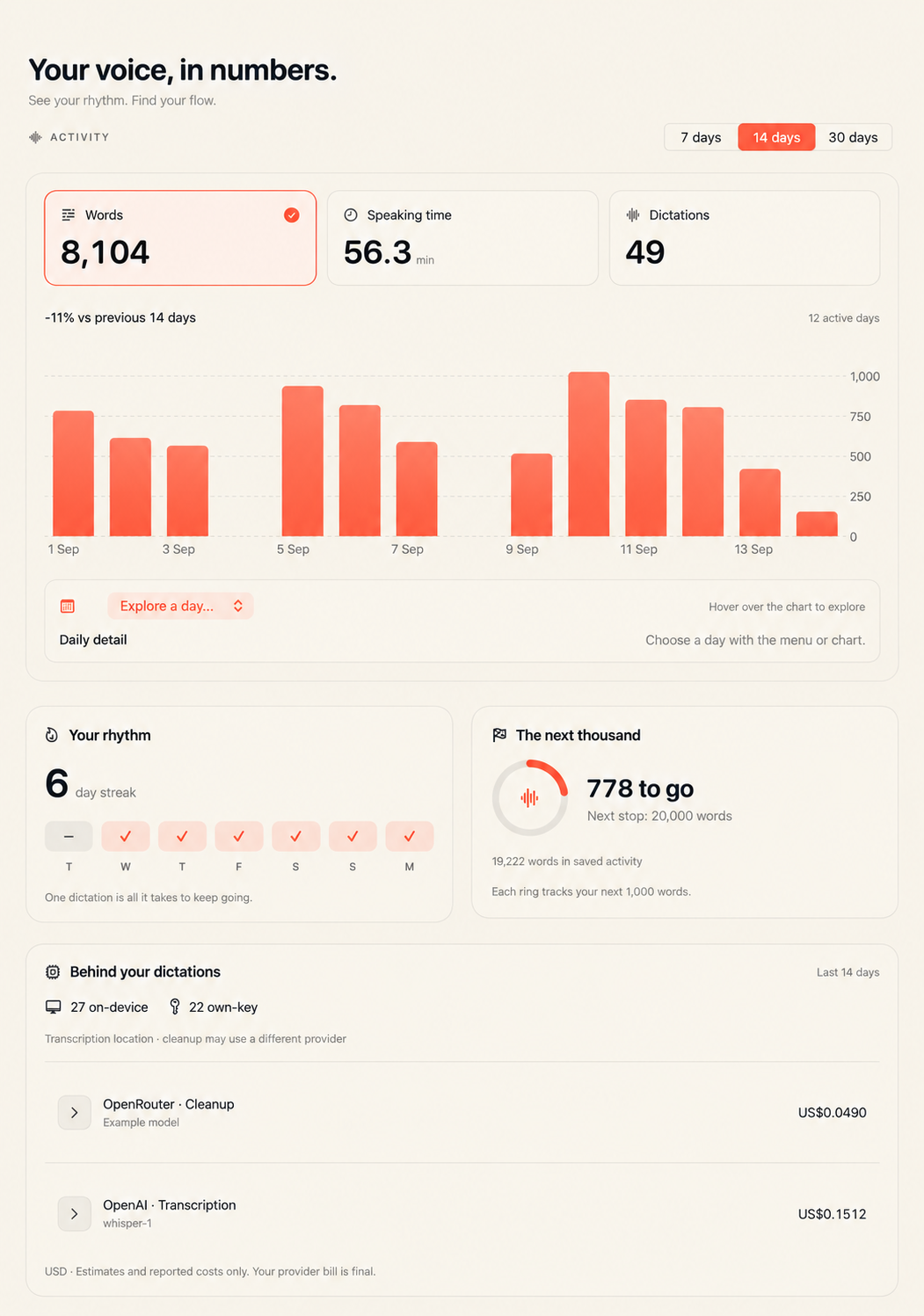 ShoutFlow Insights with selectable metrics, a daily activity chart, a six-day streak and expandable provider usage.
